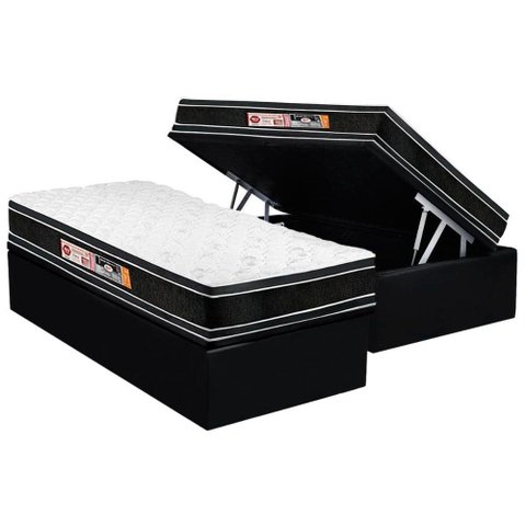 Cama Box Baú Solteiro: Colchão Espuma D33 Castor Black e White Double Face + Base CRC Suede Black(