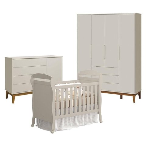 Quarto de Bebê 4 Portas com Cômoda com Porta Elfe Classic e Berço Americano Danny Areia Acetinado Am
