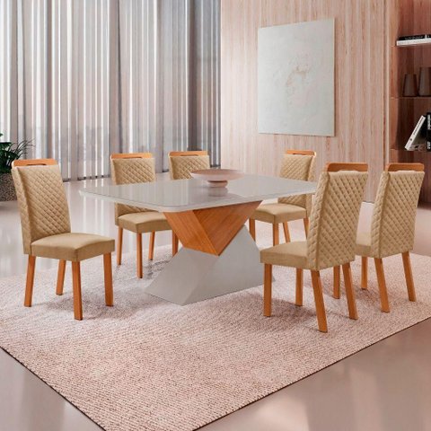 Mesa de Jantar Aster Lorena 6 Lugares Vidro Off White 180cm Moderna