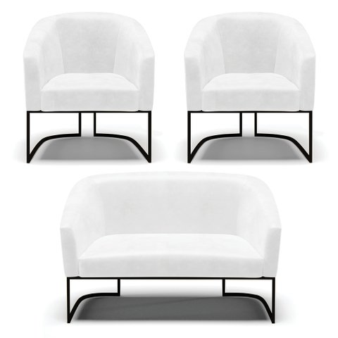Sofá Namoradeira e 2 Poltronas Base Industrial Preto Stella Corano Branco D03 - D'Rossi