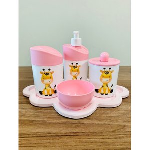 Kit Higiene Girafinha Baby - Rosa C/bandeja Nuvem Rosa