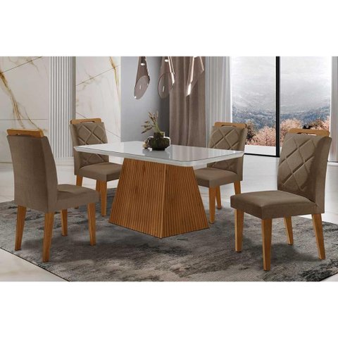 Sala de Jantar Completa Luna Tampo Madeirado C/ Vidro Curvo 120x80 e 4 Cadeiras Melissa Imbuia -