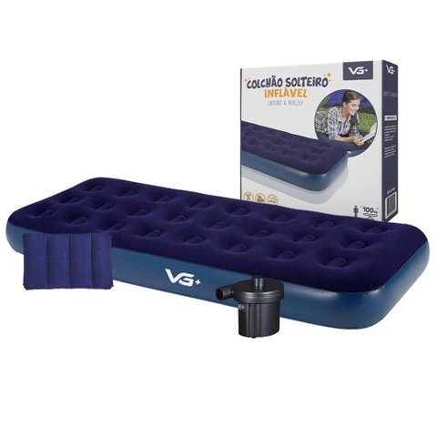 Colchão Solteiro Inflável Azul + Travesseiro + Bomba de Ar Elétrica 220v Vg Plus