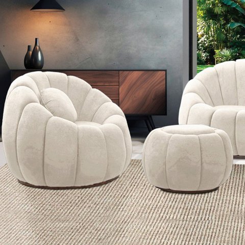 Poltrona e Puff Decorativo Orgânico Fixo Cloud Bouclê Bege E03 - D’Rossi
