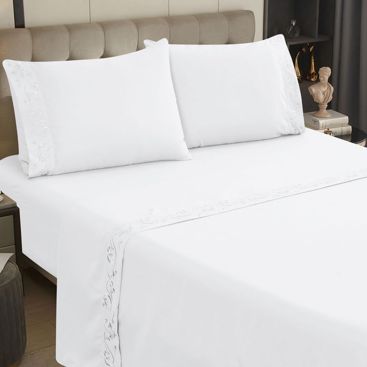 Jogo de Cama Lençol Blossom Bordado Floral Percal 300 Fios com Fronhas ...