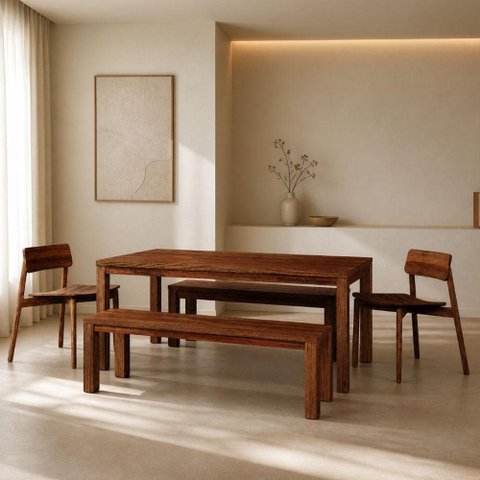Mesa de Jantar 6 Lugares 180cm com 02 Bancos de Madeira e 02 Cadeiras Dunia F06 Rústico Escuro -