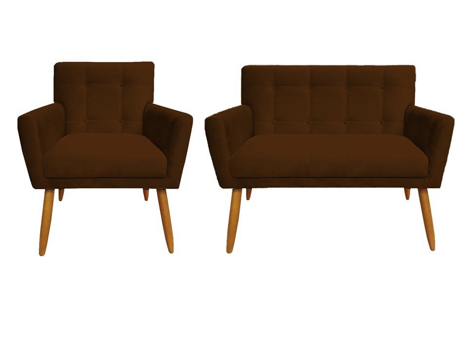 Kit Namoradeira + 1 Poltrona Decorativa Onix Suede Marrom Pés Madeira Ms Decor - 1