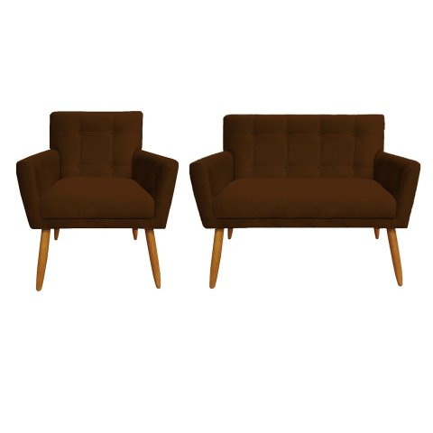 Kit Namoradeira + 1 Poltrona Decorativa Onix Suede Marrom Pés Madeira Ms Decor