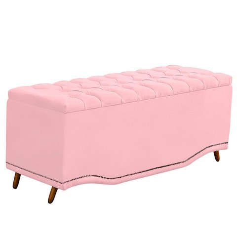Calçadeira Baú Casal Estofada Maitê Veludo Cor Rosa Bebe