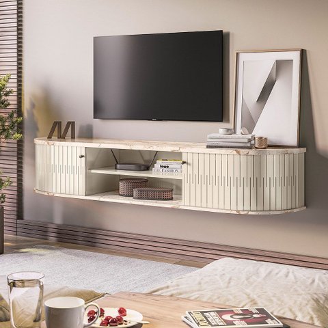 Rack Tv 75 Pol 183cm Bancada Suspenso Ripado Aurenzo Calacata/off White M20 - D’Rossi