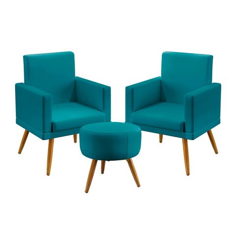 Kit 2 Poltronas Nina Rodapé e Puff Solar Suede Azul Turquesa Aradecor