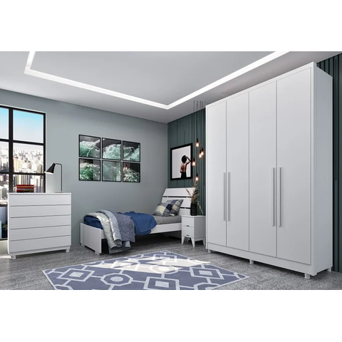Guarda Roupa Solteiro MDF 4 Portas 2 Gavetas com Pés 165cm Dinamarca Branco - TCIL Móveis