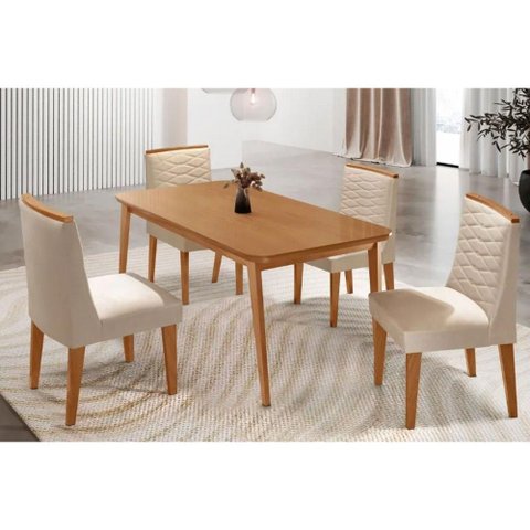 Conjunto: Mesa Sala Jantar Havana Tampo Curvo 120cm+4 Cadeiras Maldivas Madeira Naturale - Capuccino