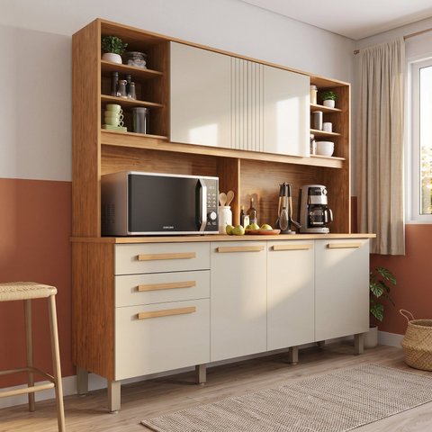 Cozinha Compacta 6 Portas 2 Gavetas com Bancada e Pés Reguláveis 162x193x39cm Cinamomo/Off-White