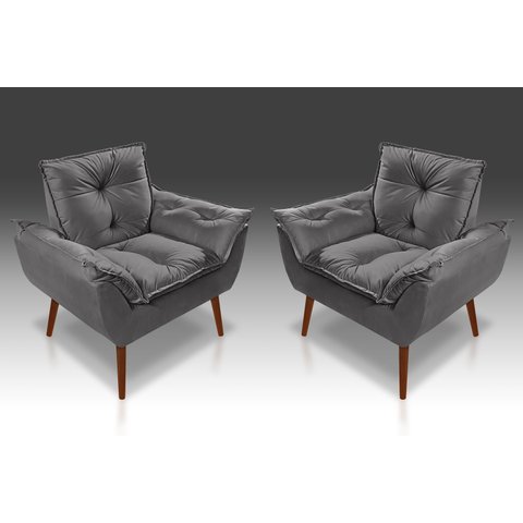 Kit 02 Poltrona Decorativa Opala Suede Cinza Escuro - Pandora Decor