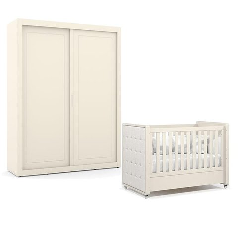 Berço Americano com Capitonê New Boucle e Guarda Roupa Tutto New 2 Portas Off White - Matic