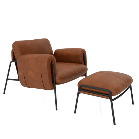Kit Poltrona Cadeira Decorativa + Puf Serrana Zahav Estofado:Courino Sintético Marrom