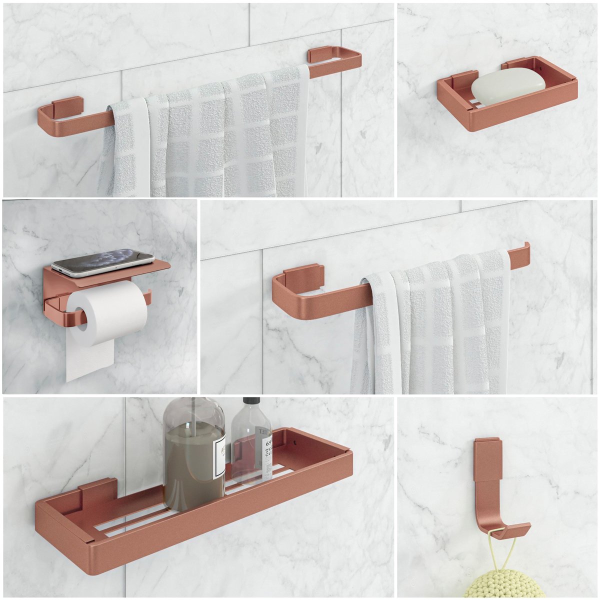 Kit Acessórios para Banheiro Rose 6 Peças C/ Suporte Celular - 1