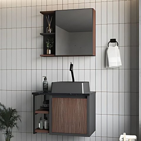 Conjunto Gabinete Banheiro Espelheira 100% MDF Cuba Mármore:Chumbo/Madeirado