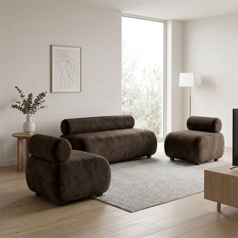 Sofá Namoradeira e KIT2 Poltronas Decorativa para Sala Nara Suede D03 - D'Rossi