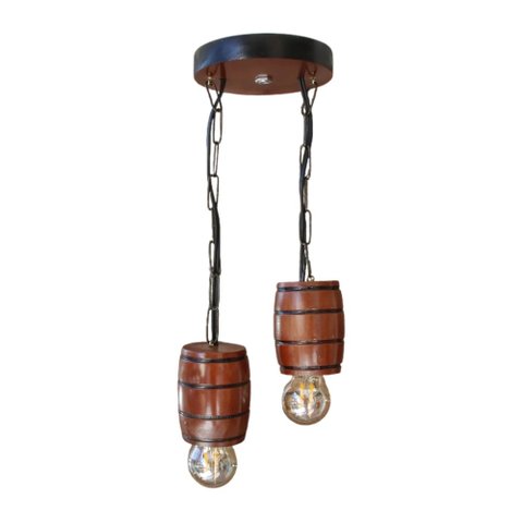Luminária Lustre Pendente Barril Duplo de Madeira Maciça Colonial Retrô - Mogno
