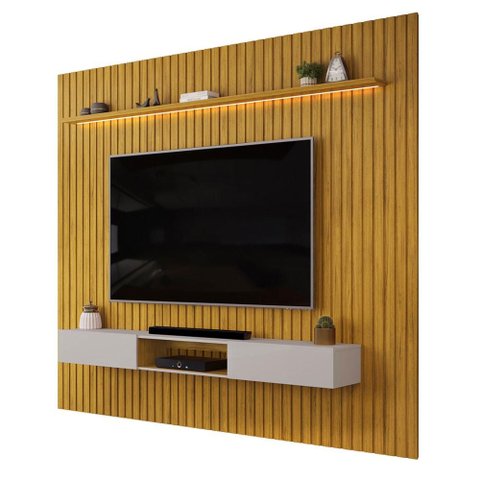 Painel Trento para TV com Bancada 275 Ripado Cedro Bali com LED DJ Móveis