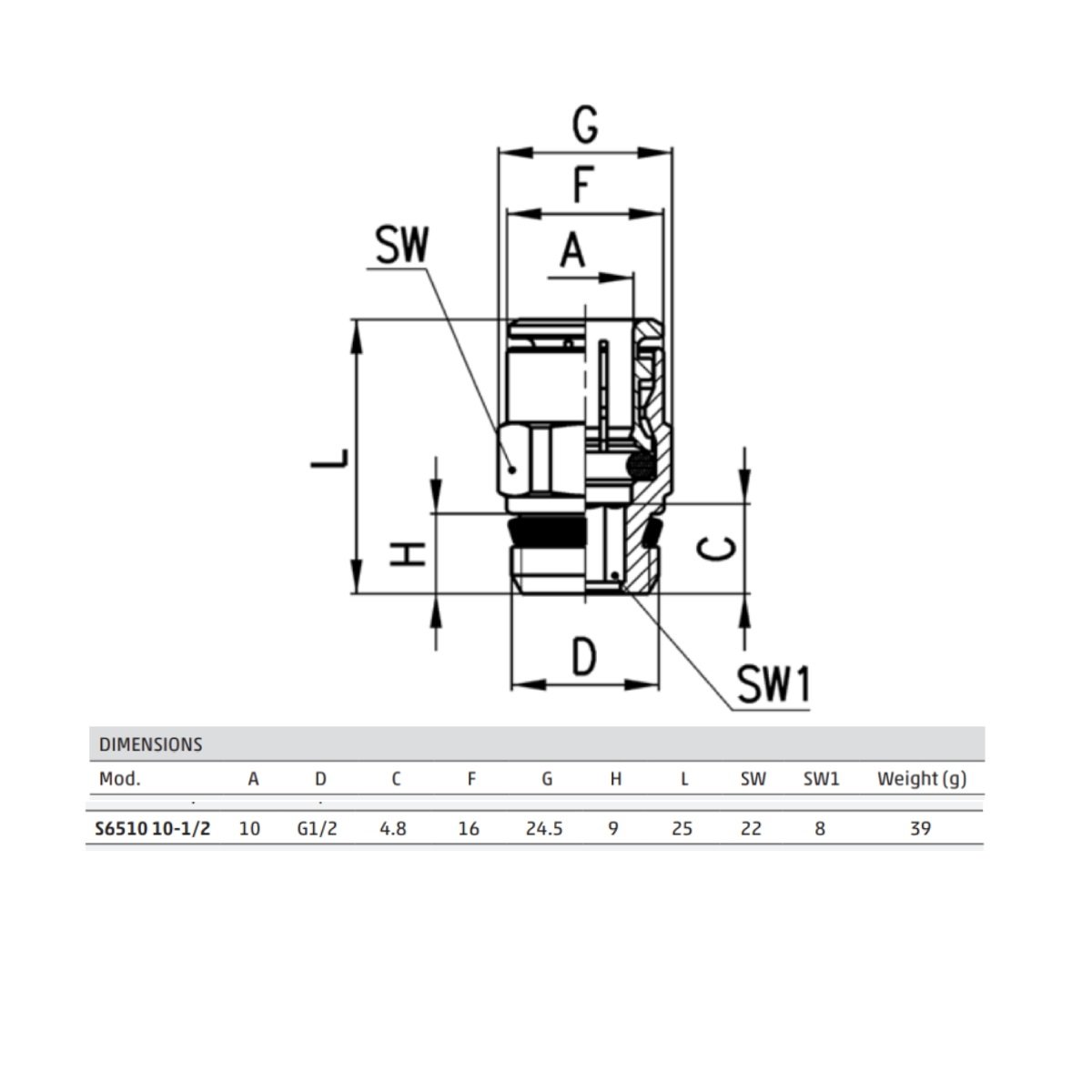 Conexão Metalica Reta Macho Pneumatica 10xg1/2 S6510 - 3