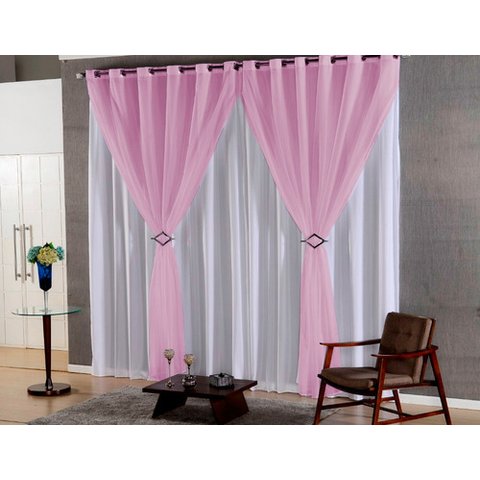 cortina sala quarto voal liso c/ forro rose/branco 3,00x2,20