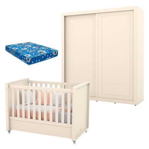 Berço Americano com Guarda Roupa Tutto New 2 Portas Off White e Colchão - Matic