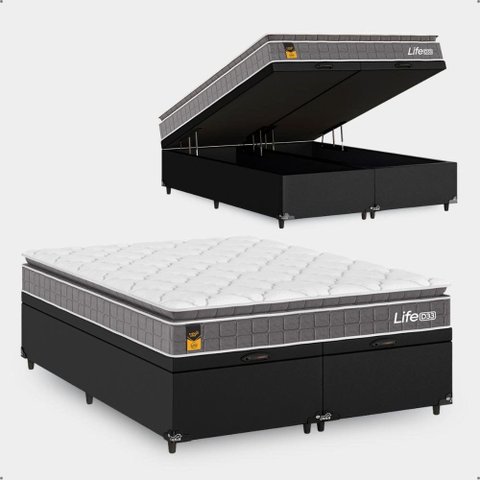 Cama Box Baú Casal Bipartido Couro Preto + Colchão Life D33 Pillow Top 61x138x188cm Cinza