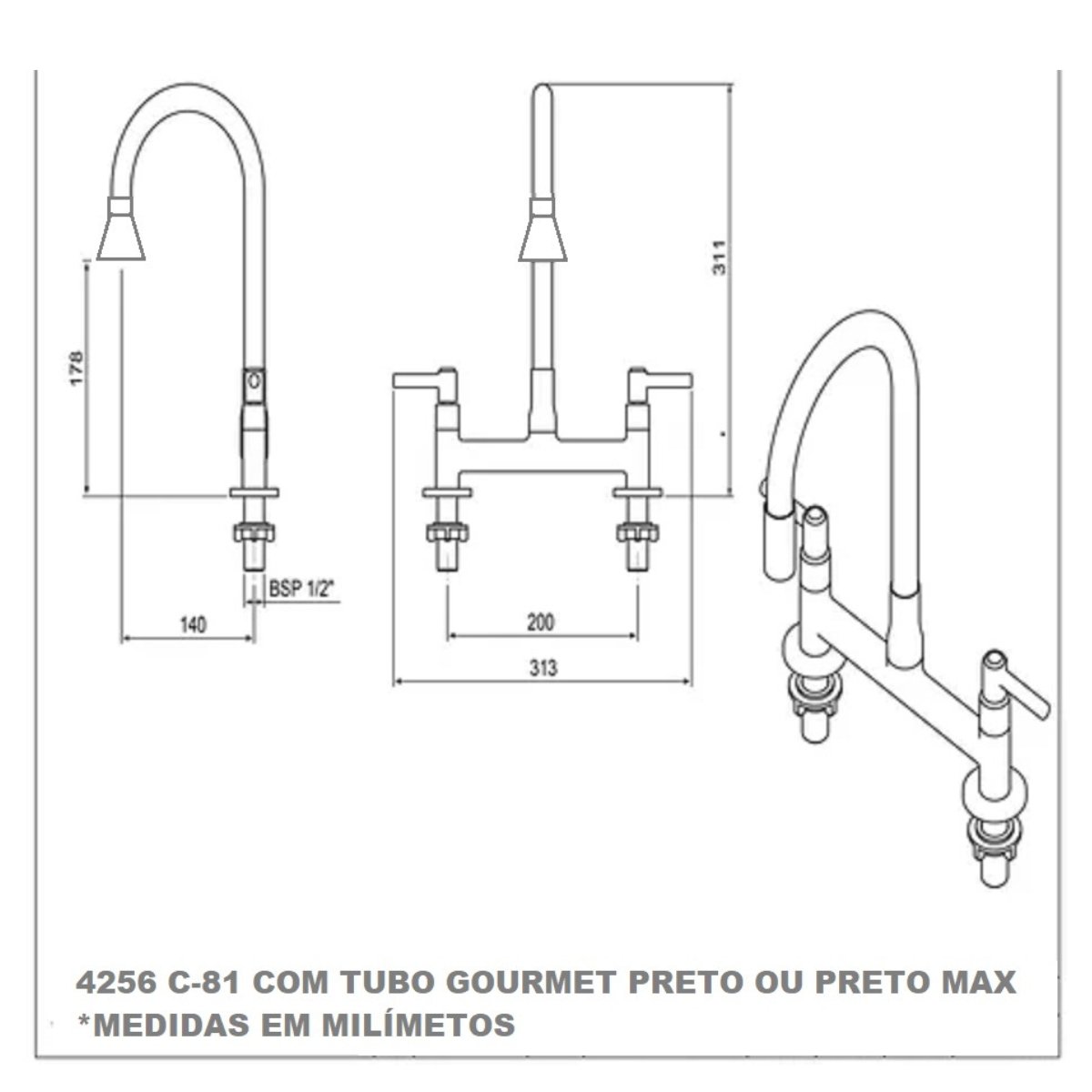 4256 C81 Torneira Misturador Bica Móvel Tubo Flexível Preto Arejador Cone Chuveirinho para Bancada P - 4