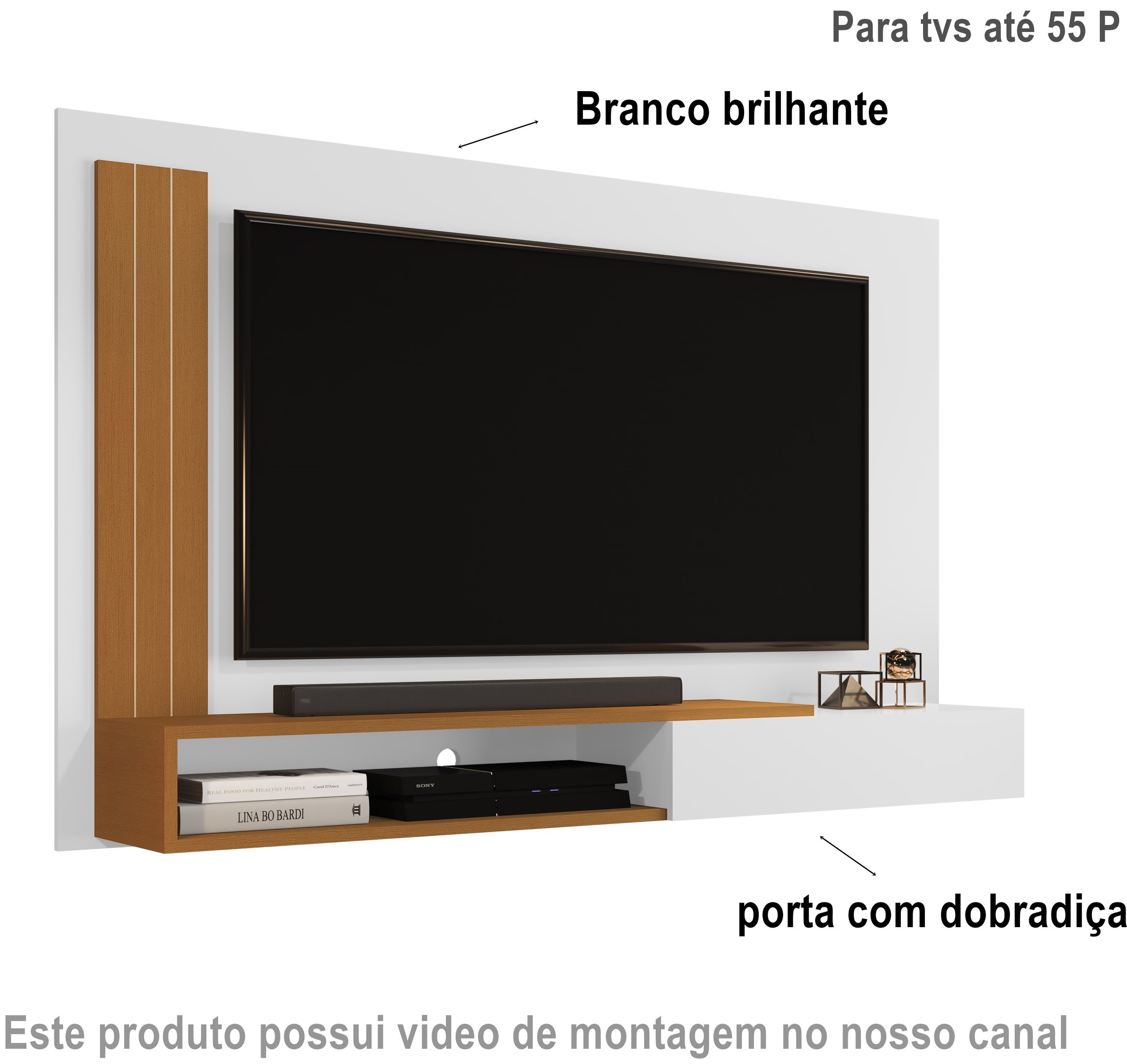 Painel até 55 Polegadas com Porta Matheus Cor Branco / Nature - Comprar Moveis em Casa - 2