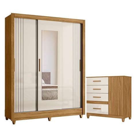 Guarda Roupa Casal Bolívia e Cômoda Vênus com Pés Freijó Off White – Moval