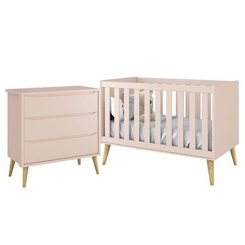Jogo de Quarto Infantil Theo Cômoda 3 Gavetas e Berço Rosa Fosco com Pés Madeira Natural - Reller Mó
