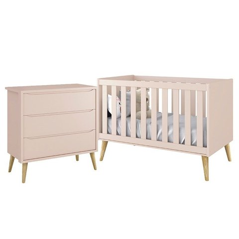 Jogo de Quarto Infantil Theo Cômoda 3 Gavetas e Berço Rosa Fosco com Pés Madeira Natural - Reller Mó