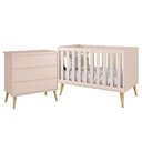 Ver imagem 1 de Jogo de Quarto Infantil Theo Cômoda 3 Gavetas e Berço Rosa Fosco com Pés Madeira Natural - Reller Mó