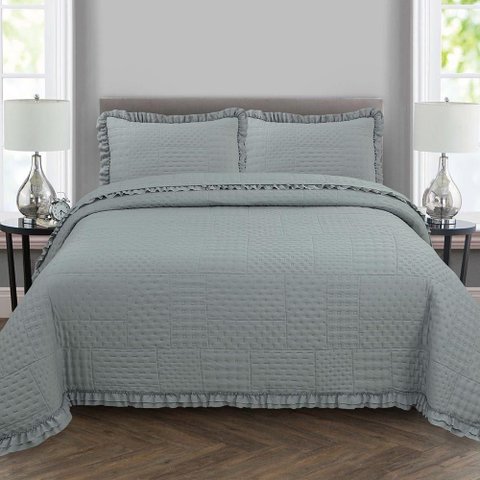 Kit Cobre Leito Colcha Allegra Queen 3 Peças Percal 300 Fios C- Babado Cinza 100% Poliéster