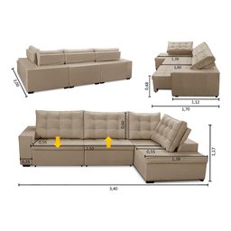 Sofá de Canto Retrátil e Reclinável com Molas 3,40x2,00 Ld Jacke Suede Bege Madelina Decor - 2