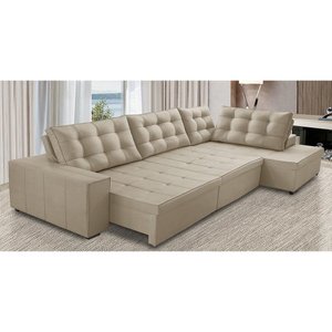 Sofá de Canto Retrátil e Reclinável com Molas 3,40x2,00 Ld Jacke Suede Bege Madelina Decor
