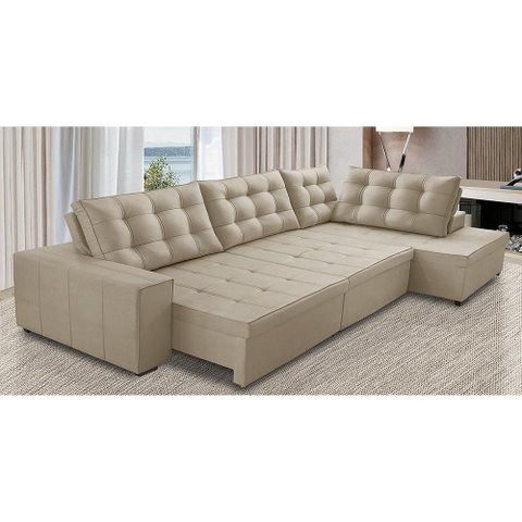 Sofá de Canto Retrátil e Reclinável com Molas 3,40x2,00 Ld Jacke Suede Bege Madelina Decor