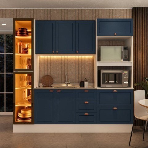 Cozinha Pérola com Rodapé e Cristaleira 230 cm com LED Yescasa Azul