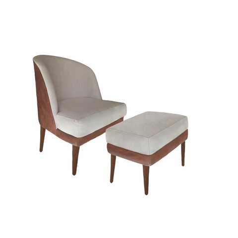 Poltrona Sophia + Puff Courissimo Nozes/linho Bege Dominic Decor