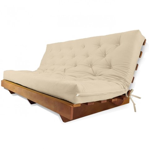Sofá Cama Futon L Sarja Bege em Madeira Nobre Maciça