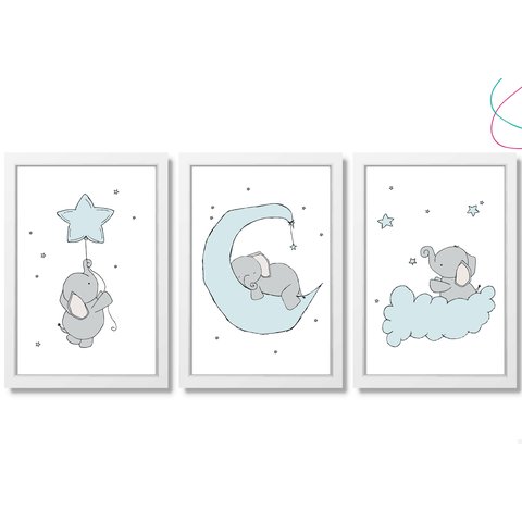 Quadro Decoração Infantil Elefante Bebê Estrelas Lua:branca