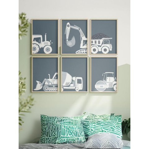Kit 6 Quadros Decorativos Infantil Carros Azul e Branco No1