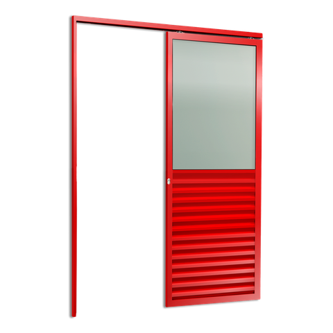 Porta Correr Suspensa Meia Veneziana Meia Vidro Esq L.25 Vermelha 210x70 Brimak