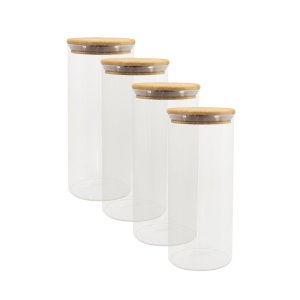 Potes de Vidro Mantimentos 1650ml com Tampa Bambu - 4 Pçs