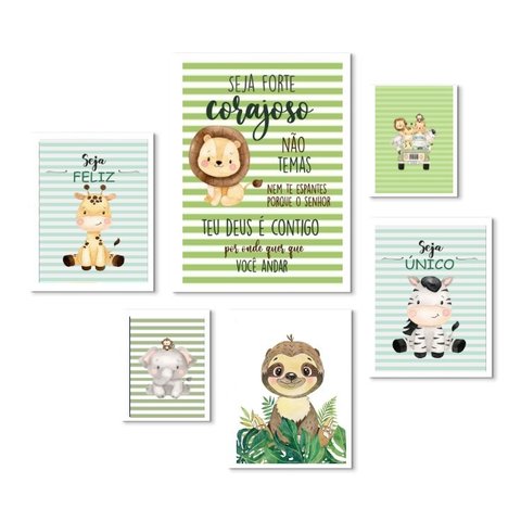 Kit 6 Quadros Quarto Infantil Safari - Listradinho:madeira Preta