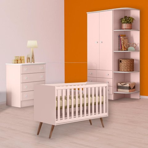 Conjunto Berço Mini Cama Retrô, Cômoda e Guarda Roupa Rosa