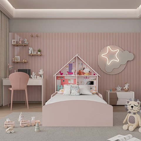 Cama Casinha 114,5 cm com Kit de Pés - Rosa Sonho